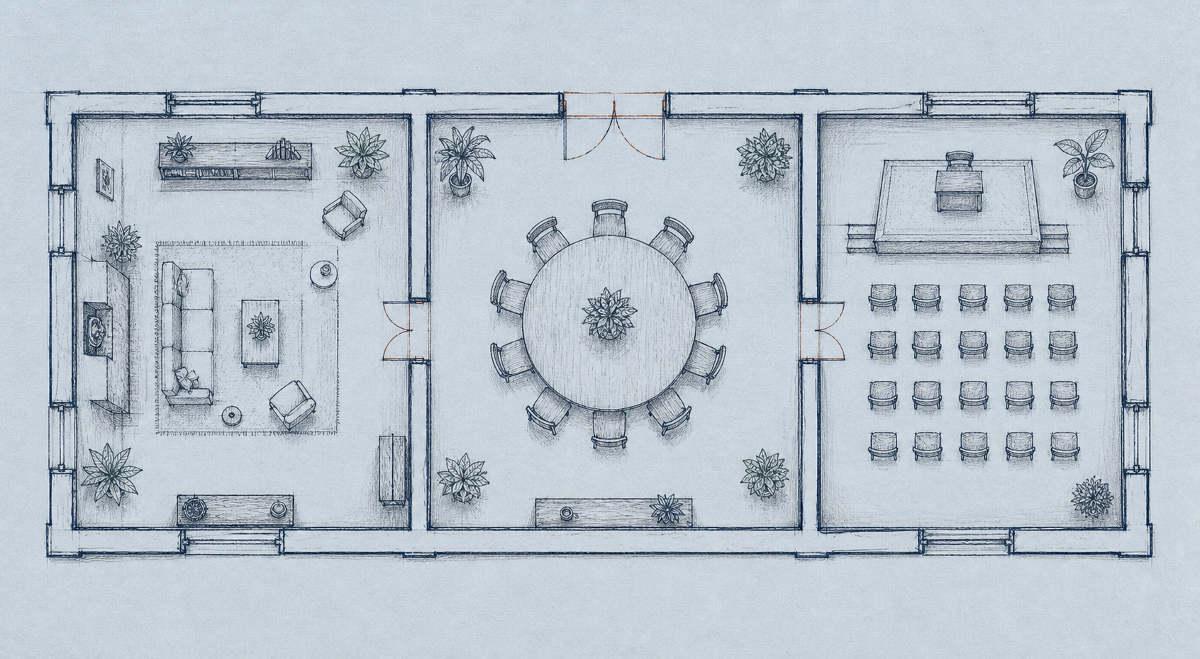 Plan illustré de trois espaces reliés : la maison, la place et la scène.